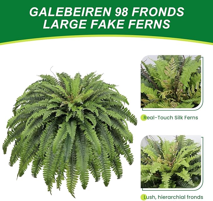 50" Fake Ferns Artificial Plants Large, 98 Fronds Artificial Ferns for Outdoors and Indoors, Suitable for Planter Garden Porch Office Decor