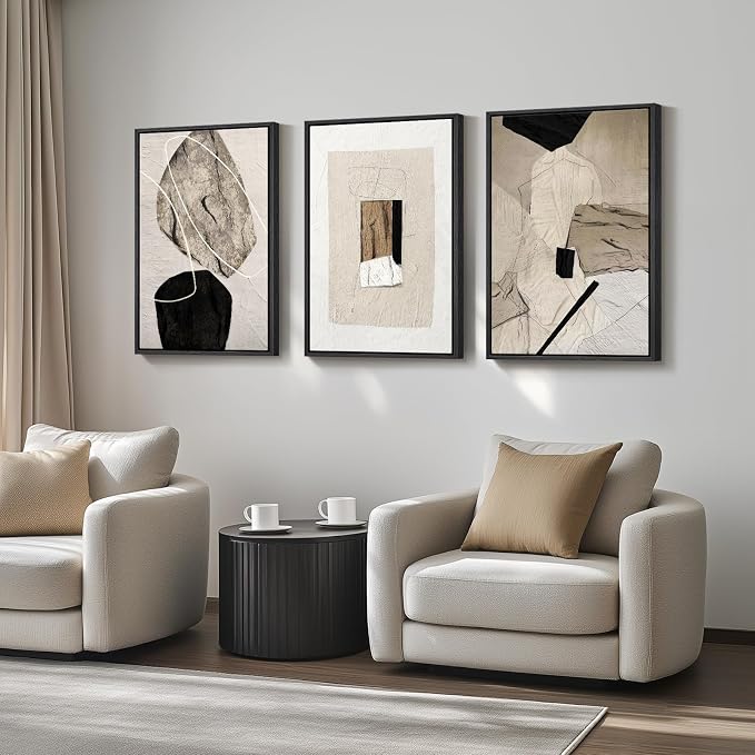 Large Framed Neutral Abstract Wall Art, 3 Piece Modern Canvas Prints Paintings Artwork for Walls, Minimalist Black Beige Pictures for Living Room Hallway Dining Room Bedroom Wall Decor -Total 30x60 In