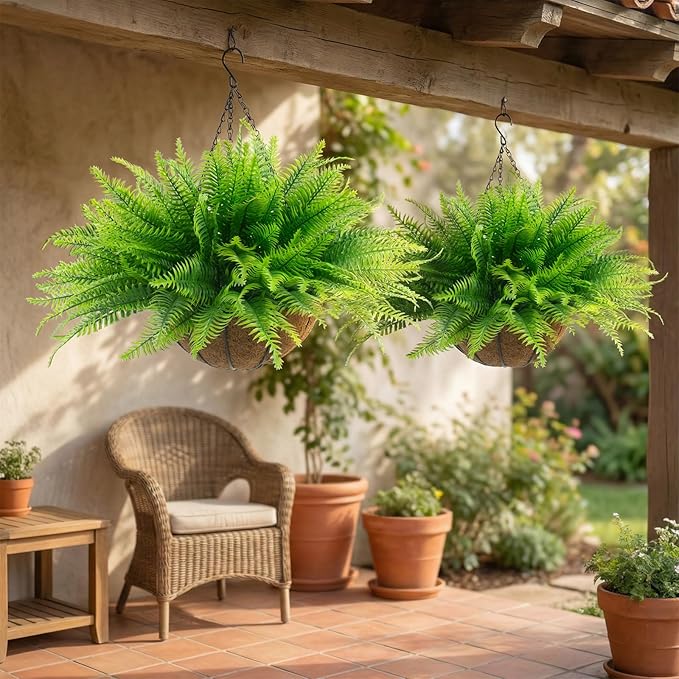 lovemoon Fake Ferns Plant Baskets,2PCS Artificial Hanging Plants,2 Hanging Planters with 24 Pcs Leaves for Indoor Outside Decorations for Front Porch Garden Balcony Patio Home Decor (2, Light Green)