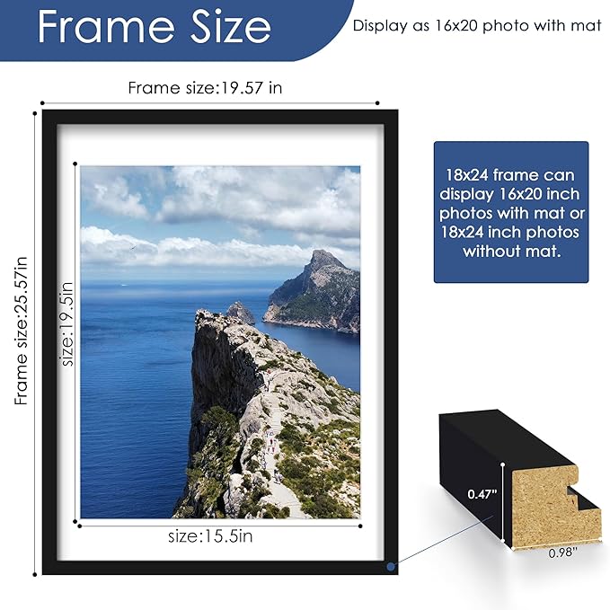 PEALSN 18x24 Poster Frame Set of 6, Display Pictures 16 x 20 with Mat or 18 x 24 without Mat for Wall Mounting Display, poster frames 18 x 24 for Wall Decor, Black