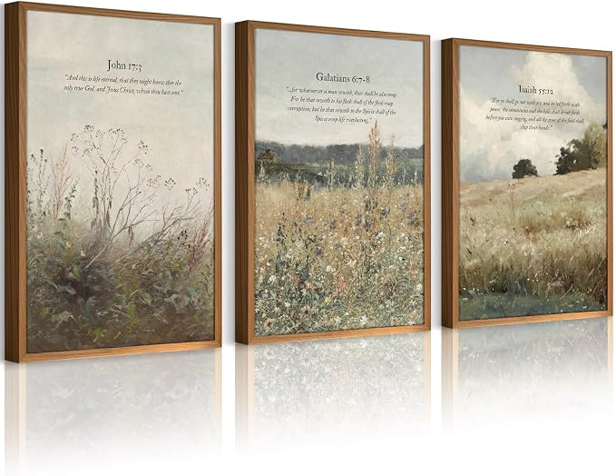Christian Wall Art Bible Verse Canvas Poster Wildflower Wall Decor Scripture Wall Art Landscape Painting Vintage Field Prints Farmhouse Picture for Bedroom Bathroom 12x16 Inch Unframed Set of 3