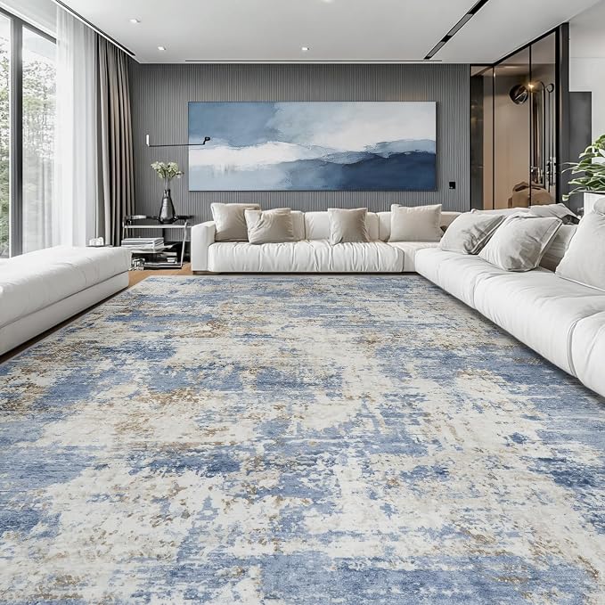 10x14 Area Rugs Large Living Room Rug Washable: Modern Abstract Rug Indoor Modern Carpet Non Slip for Dining Room Bedroom Nursery Home Office Blue