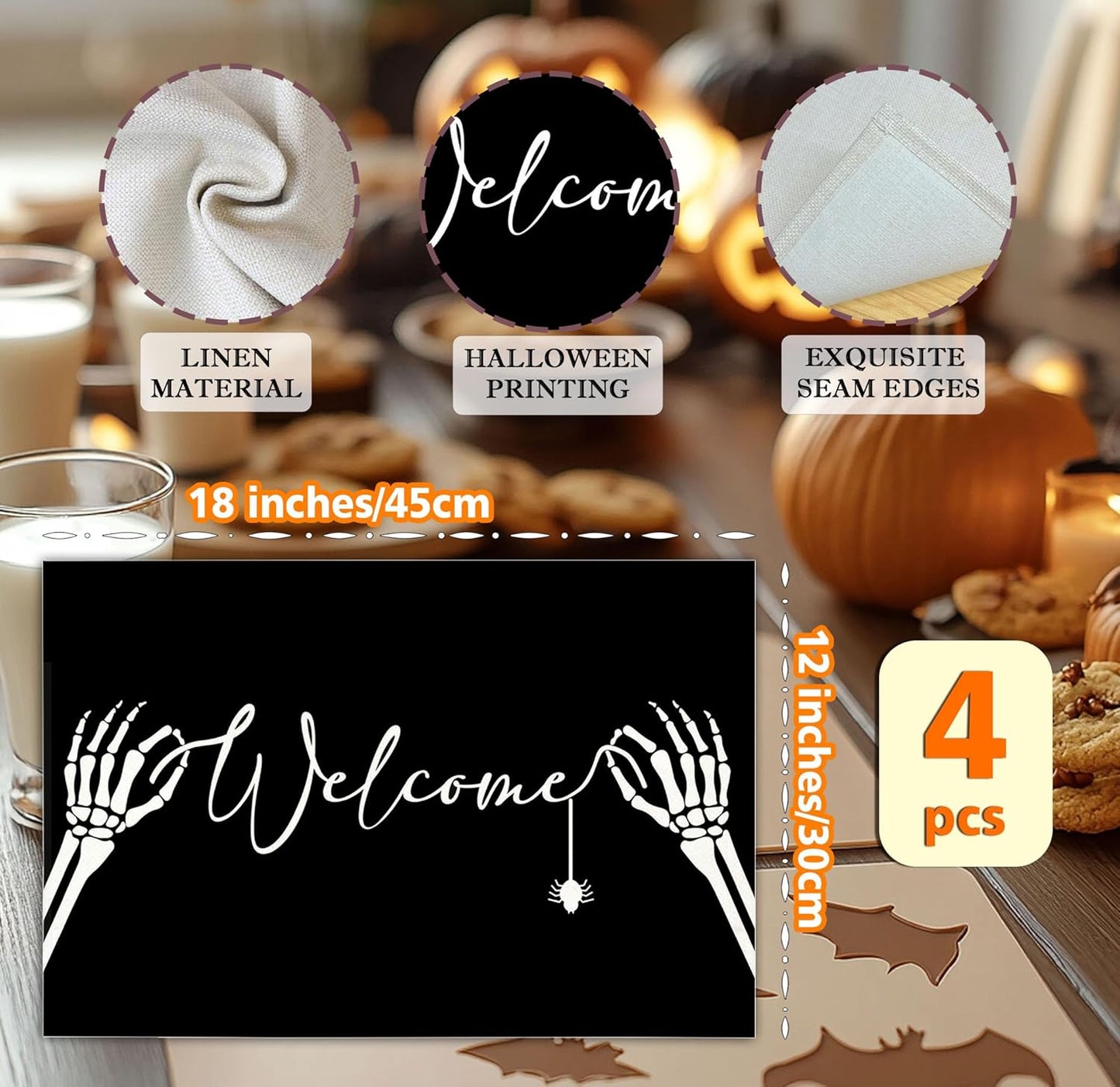Halloween Skeleton Placemats Set of 4, 12x18 Inch Welcome Decorative Table Mats, Washable Heat Resistant Place Mats for Kitchen Dining Table, Spooky Themed Decoration for Home-B12