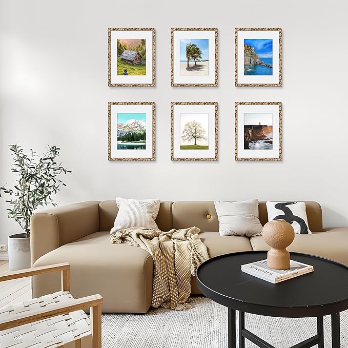 Picrit 11x14 Farmhouse Stone Spotted Picture Frame Set of 12, Display 8x10 with Mat or 11 x 14 without Mat, Country Photo Frames for Wall Mounting or Table Top Display, Rustic Brown