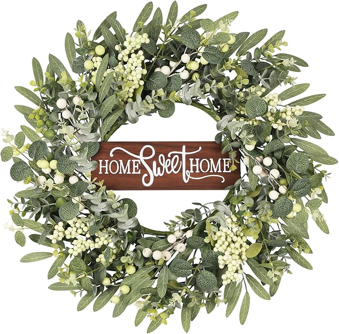 Artificial Eucalyptus Wreaths for Front Door, Spring Summer Wreath with Welcome Home Sign, Olives Leaves, Mixed Berries for Indoor Outdoor Farmhouse Porch Wall Window Festival Décor 20 Inch