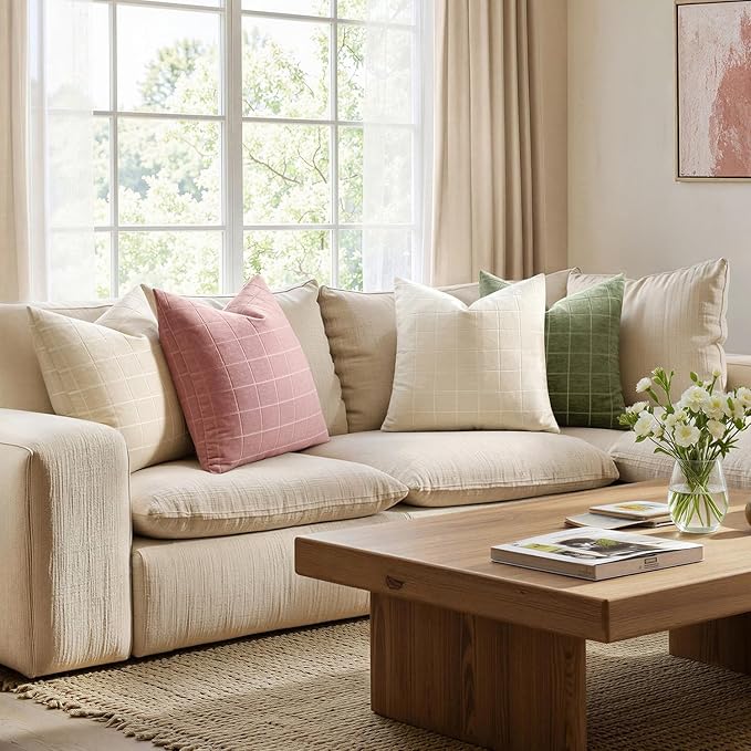 MIULEE Valentines Decorative Chenille Throw Pillow Covers Vintage Plaid Couch Pillows 18x18 Inch Set of 2 Boho Farmhouse Cushion Covers Modern Spring Home Decor for Sofa Bed Living Room Blush Pink
