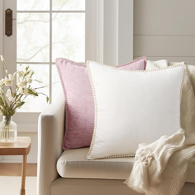 decorUhome Summer Chenille Soft Cozy Throw Pillow Covers 22x22 Set of 2, Modern Farmhouse Boho Velvet Decorative Euro Sham Pillow Cases with Stitched Edge for Couch Sofa Bed Home Decor, Cream White