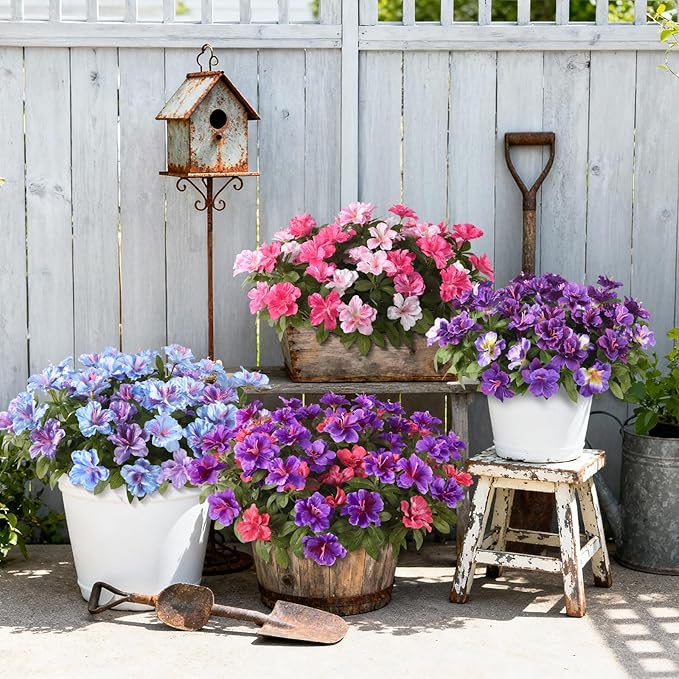 Hommyea Artificial Fake Flowers for Outdoor, 8 Bundles Faux Plants Silk Flowers Spring Decoration UV Resistant No Fade Plastic Flowers for Outside Planters Home Porch Patio Yard Garden Decor