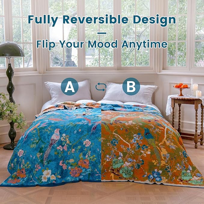 MSGKV Boho Throw Blanket for Bed 60"x80" Cotton Couch Blanket with Floral and Bird Summer Breathable Lightweight Farmhouse Twin Size Decorative Blankets for Sofa Muslin All Seasons