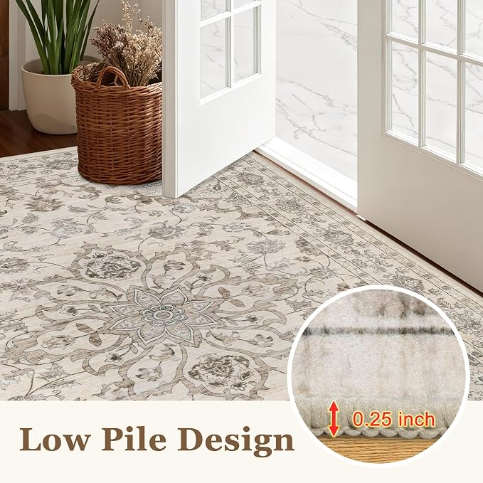 Round Area Rug for Living Room: 6ft Washable Vintage Boho Soft Thin Circle Rug Indoor Floor No Slip Stain Resistant Carpet for Bedroom Dining Room Farmhouse Nursery Home Office - Brown Beige