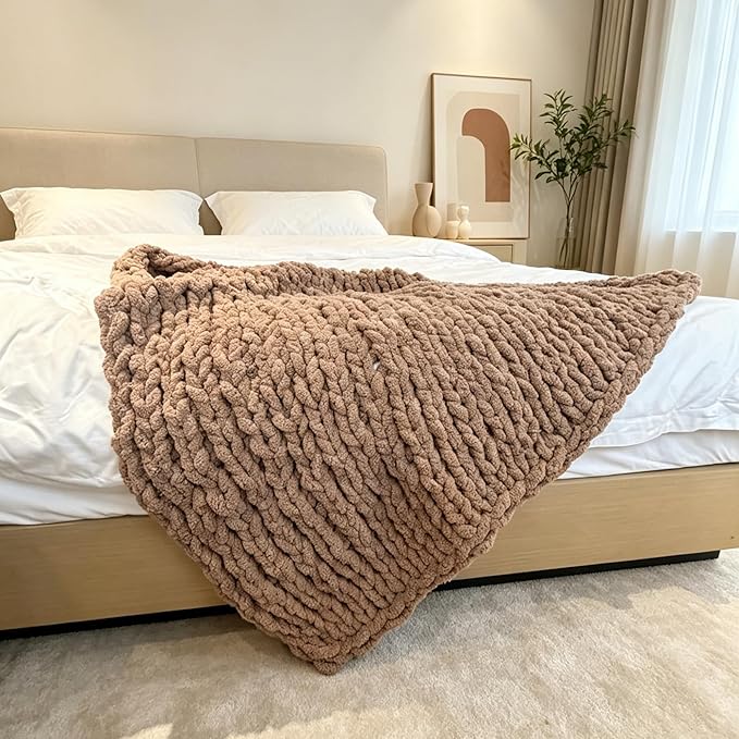 Soft Chunky Knit Throw Blanket for Couch, Cozy Warm Knitted Blankets | Hand Knit with Jumbo Chenille, Lightweight Warm Fluffy Decor for Women, Mom, Her & Girls,Sofa,Chair,Bed,40"×60"(Light Brown)