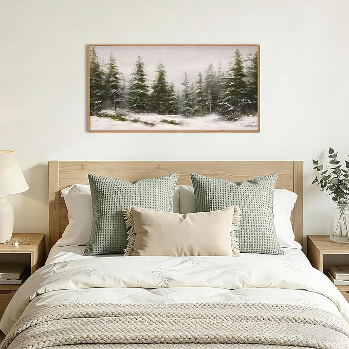 HPNIUB Green Pine Tree Landscape Framed Wall Art Set,Modern Foggy Forest Wall Decor,Nature Tree Woodland Printing,Calming Nordic Wilderness Scenic Artwork for Living Room, Bedroom,Office-20''x40''