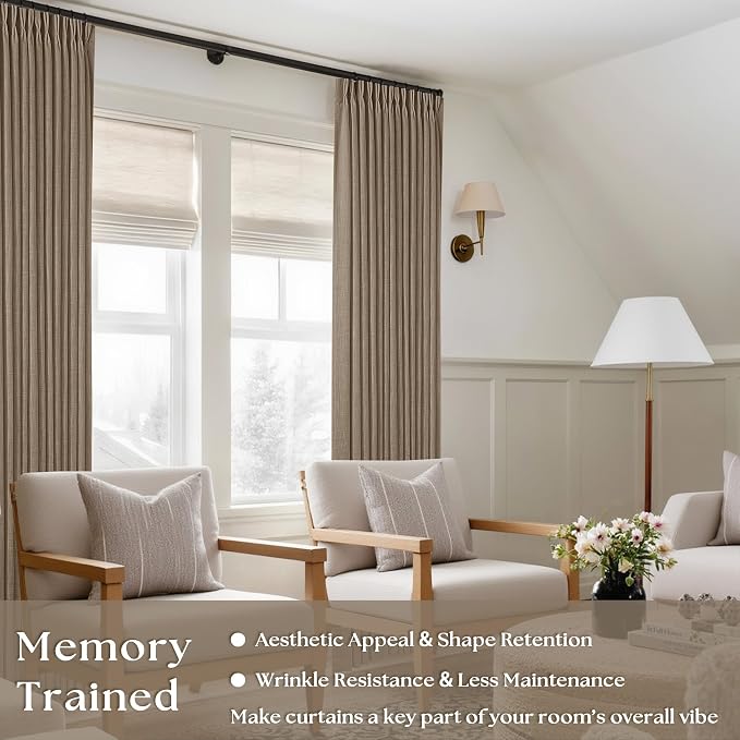 TWODRAPES Farmhouse Tan Brown Linen Curtains 102 Inches Long Living Room Pinch Pleated Drape with Hooks Rings for Track System Light Filtering 102 Inch Curtain for Bedroom Sliding Patio Door 2 Panels