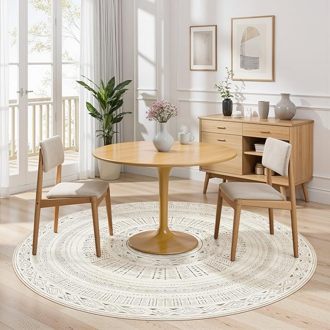 cotiled 5x5 Round Area Rug Living Room: Washable Boho Rugs with Non Slip Backing Large Soft Indoor Stain Resistant Carpet for Bedroom Farmhouse Dining Room Lightweight Home Decor L Brown/Cream