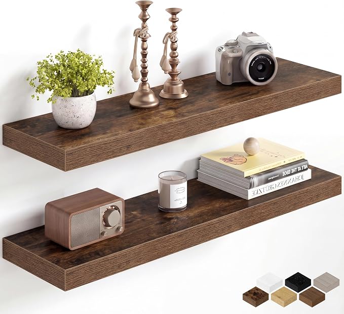 Fun Memories 30Inch Floating Shelves for Wall, 8 Inch Deep Shelves for Bathroom|Bedroom|Kitchen Wall Mounted, Wood Hanging Shelf with Invisible Brackets for Home Storage Decor, Rustic Brown - 2 Pack
