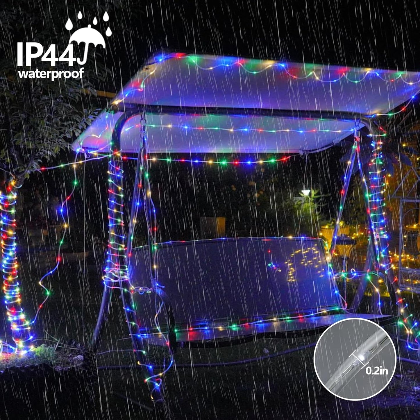 YEGUO 2 Packs Each 33ft 100 LED Solar Trampoline Lights Multicolor, Solar Rope Lights for Outside, 8 Modes Fairy Lights in Clear Thin Tube for Camping Fence Patio Garden Deck