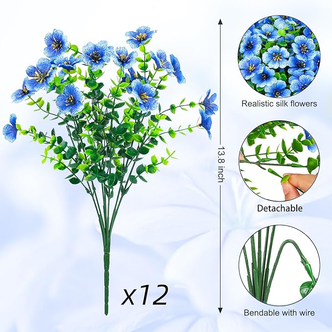 Ouddy Decor 12 Bundles Artificial Flowers for Outdoors Fake Silk Flowers UV Resistant Faux Plastic Plants for Spring Summer Garden Porch Window Box Table Vase Home Indoor Outdoor Decoration, Blue