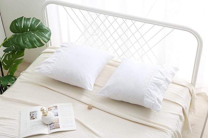 White Lace Square Pillow Covers Euro Shams with Ruffles Cotton 18"X18" 2-Pack Zipper Closure Luxury Elegant