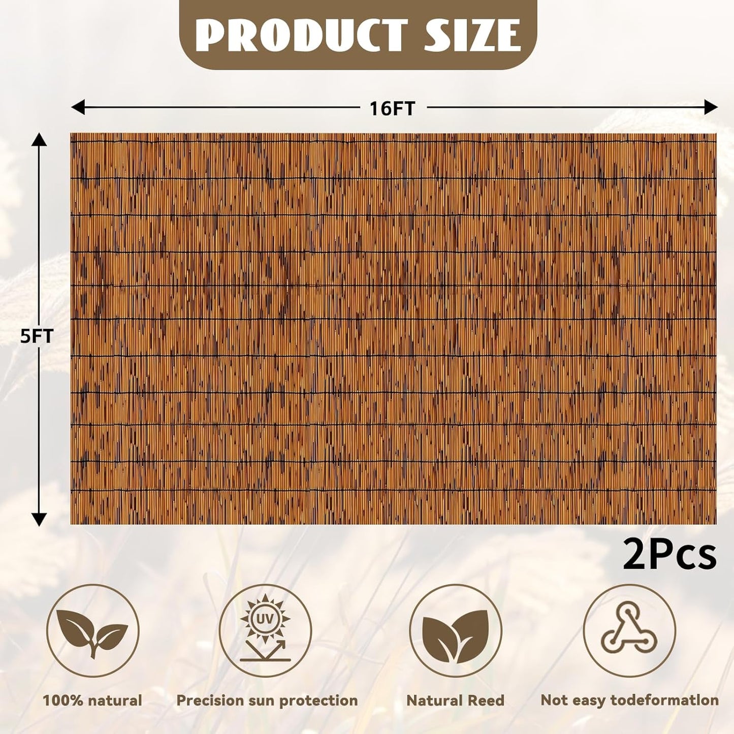 Bamboo Reed Fencing, Light Russet Decorative Bamboo Privacy Fence 5ft High, Reed Curtains for Patio Garden Balcony Outdoor Privacy Screen, 5 x 16 FT (2 Pcs)