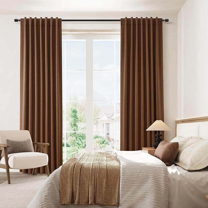Guken 100% Blackout Linen Curtains 108 Inch Length 2 Panels Set for Living Room Bedroom Back Tab Thermal Insulated Black Out Linen Drapes Room Darkening Window Curtains,Caramel Brown