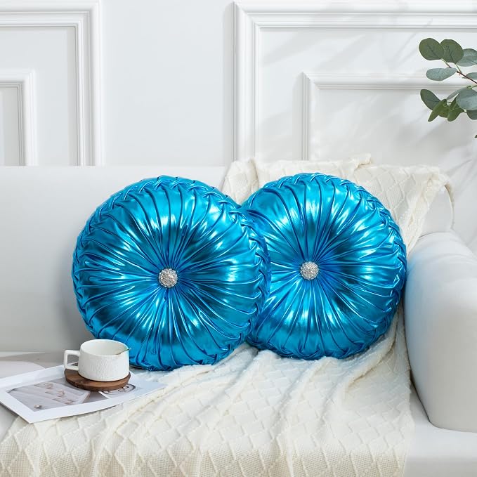 HIG Set of 2 Handcrafted Blue Ruched Round Throw Pillows – 14.5’’ Metallic Leather Decorative Pillows with Soft Polyester Filling for Couch, Bed, Living Room, Bedroom, or Dorm