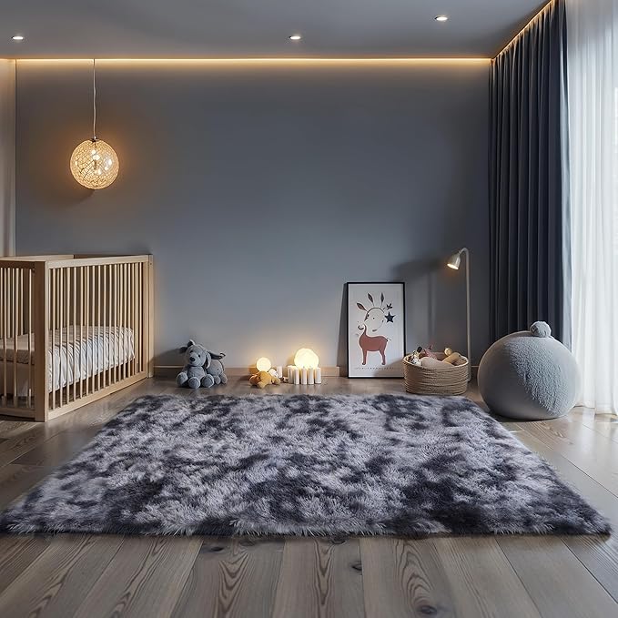 KICHOWUA 3x5 Dark Grey Fluffy Shag Rug for Bedroom, Soft Plush Fuzzy Washable Floor Non Slip Small Carpet for Living Room, Modern Comfy Furry Shaggy Area Rugs for Kids Baby Nursery Dorm, Tie-Dye Gray