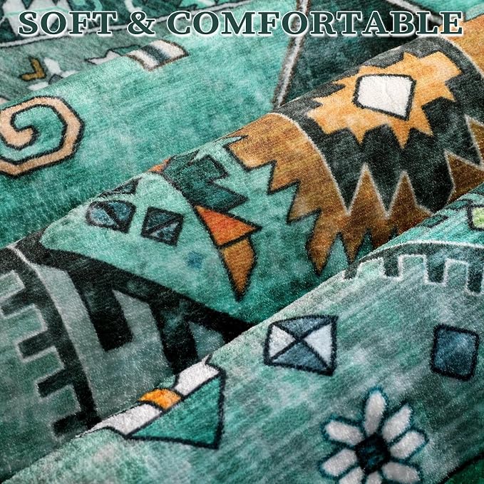 SERISSA 2x4 Boho Rugs for Entryway, Washable Non-Slip Kitchen Runner Rug, Ultra Soft Small Area Rug Vintage Teal Low-Pile Door Mat Indoor Entrance Carpet for Bedroom Hallway Laundry Room Bathroom