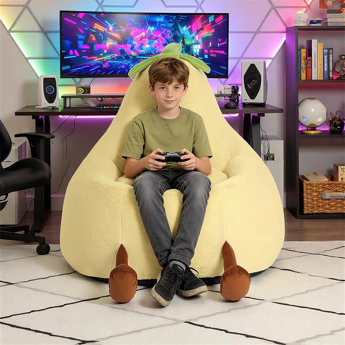 2.5FT Memory Foam Bean Bag Chair - Ultra Soft Faux Rabbit Fur Sofa with Handle & Machine Washable Cover, Comfy Lazy Chair for Kids Teens, Perfect for Reading Gaming in Living Room Bedroom，Yellow