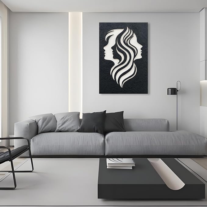 NANKAI Art Hand-Drawn 45x30 inches Black and White Silhouette Textures of Figures in Abstract Art Oil Painting. Modern-Style Abstract Wall Decoration. Three-Dimensional Minimalist Relief Paintings