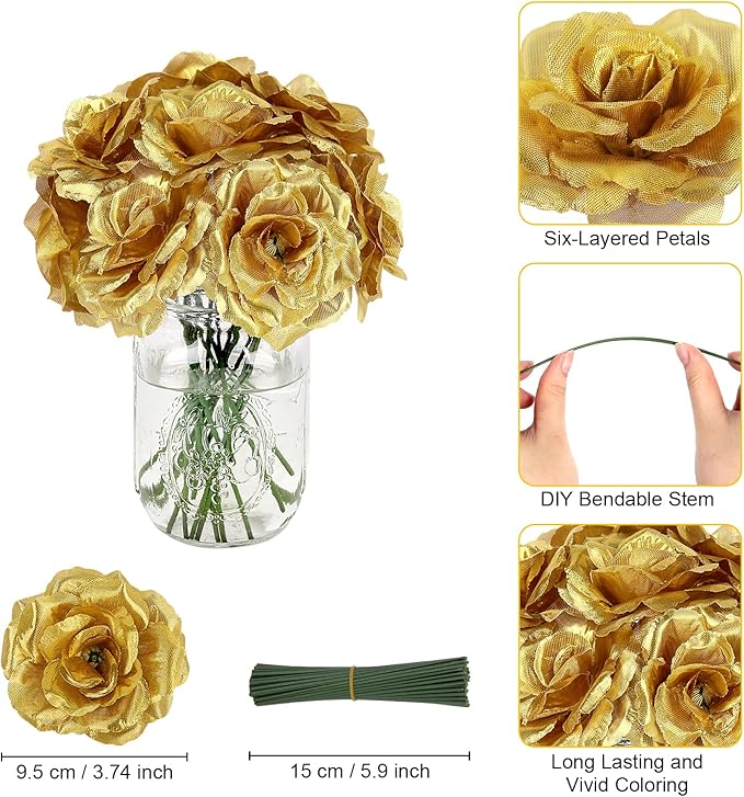 LELEE Rose Head Flowers with Stem - 108pcs Gold Rose Artificial Flowers Bulk - 3.1'' Silk Roses Fake Flower for Wedding Bouquet Party Home Decor DIY Baby Shower Centerpieces Tables Decoration