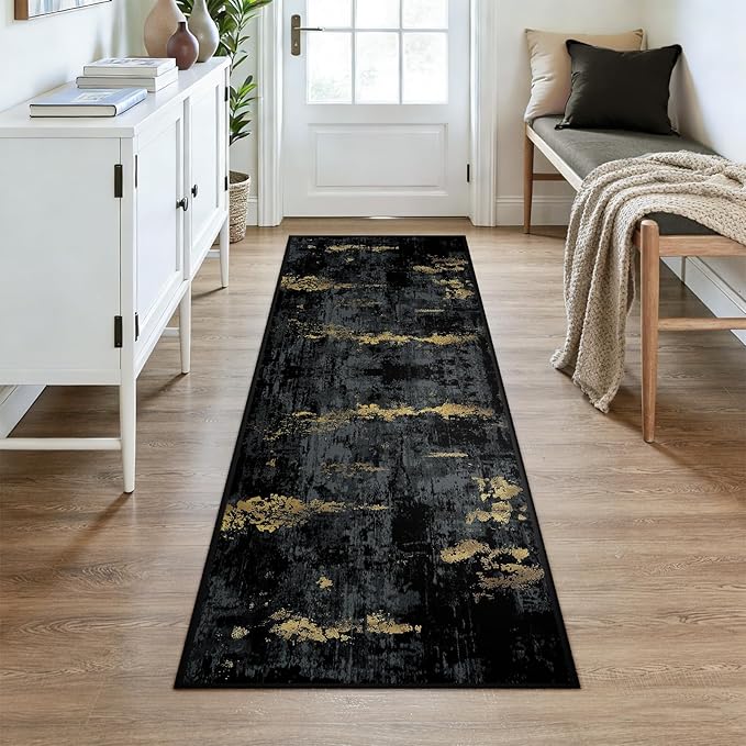 RELEANY Washable Area Rugs 3x7 Non-Slip Modern Abstract Soft for Living Room Entryway Bedroom Nursery, Print Pattern, Dark Black Gold