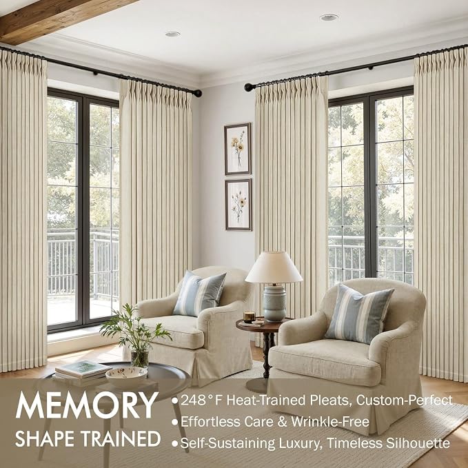 MIULEE Pinch Pleated Thick Linen Curtains 96 Inches Long 2 Panels for Living Room Bedroom, Memory Trained Pleat Drapes Light Filtering Linen Beige Semi Sheer Window Curtains Hooks Rings Back Tab