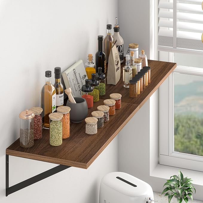 Heimlove 12 Inch Deep Floating Shelves for Wall, 28W x 12D Wood Wall Shelves Set of 2, Walnut Wide Floating Bookshelf for Living Room, Kitchen, Office, Bedroom, with Black Metal Bracke - Walnut