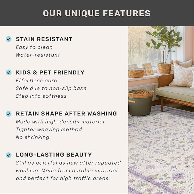 5x7 Light Purple Area Rug for Girls Bedroom, Living Room, Nursery, Non Slip Washable Area Rugs, Lavender and Cream with Green Accent, Low Pile Foldable Carpet