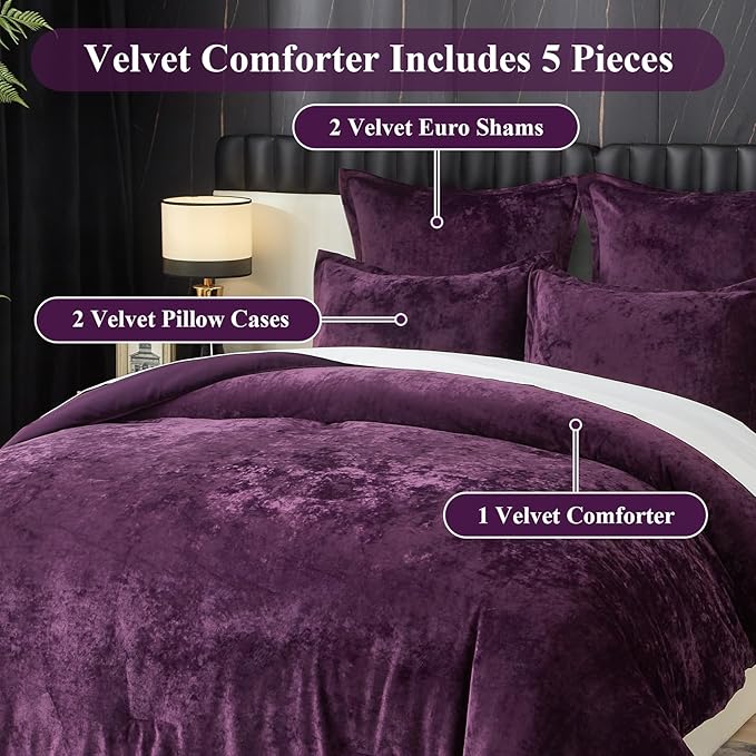 Ivellow Crushed Velvet Comforter Set Queen Purple Comforter Set 5pcs Ultra Soft Lightweight Breathable Bedding Set Luxury Cozy Flannel Comforter Queen Size (1 Comforter,2 Pillow Shams, 2 Euro Shams