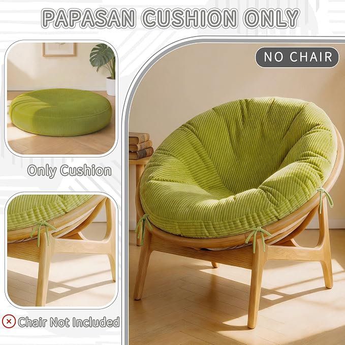 Papasan Breathable Round Chair Cushion (Without Chair) with Detachable Corduroy Cover,48 x 48 x 6 Inch Oversized Round Chair Pad Supportive Cushion, Overstuffed Chair Cushion,Memory Foam Filling,Sage