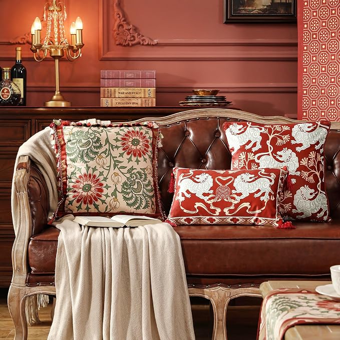 patdrea Designer French Velvet Throw Pillow Cover,Set of 4,-Clarence | Elegant Vintage Lumbar Pillow Case with Zipper,Red Floral Pattern,Decor Cushion Coverfor Couch Living Room Bedroom Sofa