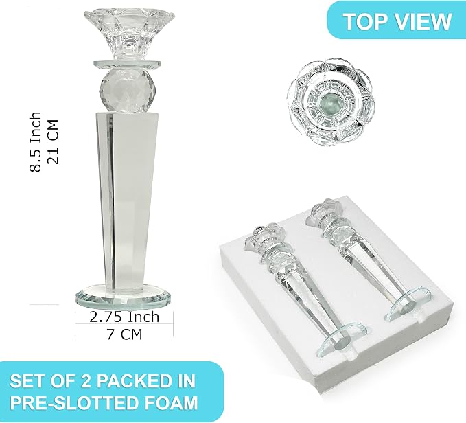 Allgala Set of 2 Crystal Glass Made Reverse Tapered Pillar and Hand Crafted Ball Candlesticks-8.5"-HD89151