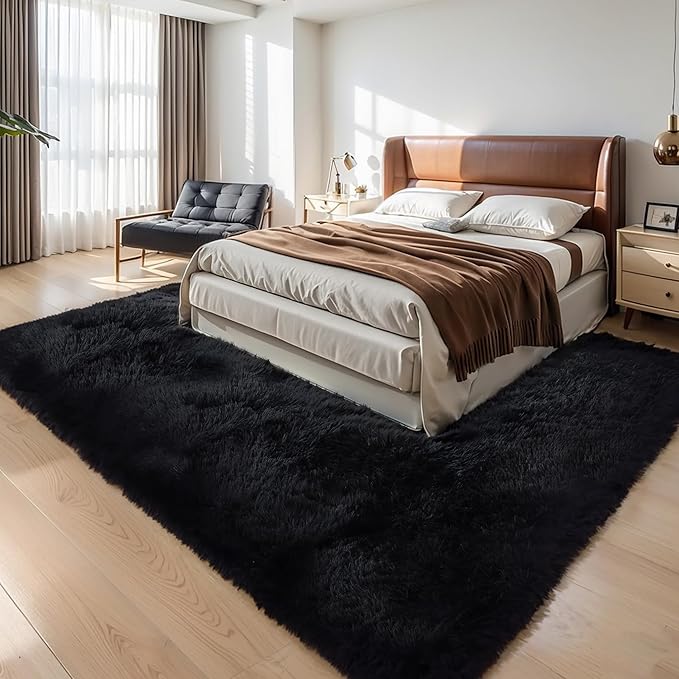 KICHOWUA Thick Area Rug Black Fluffy Shag 3x5 for Bedroom, Ultra Soft Thickened Plush Washable Carpet, Non-Slip Cozy Shaggy Fuzzy Rug for Living Room Nursery Dorm Playroom Kids Baby Room