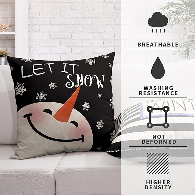 Winter Decorative Pillow Covers 24x24 Lovely Snowman Throw Pillow Covers for Living Room Holiday Decor Couch Set of 2 Hello Winter Black Stripes Cushion Case