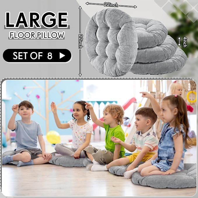 Jerify 8 Pcs Floor Pillow Cushions Large Round Square Large Meditation Floor Pillow for Classroom Adult Meditation Picnic Party Seating Learning Daycare School (Round,Light Gray)