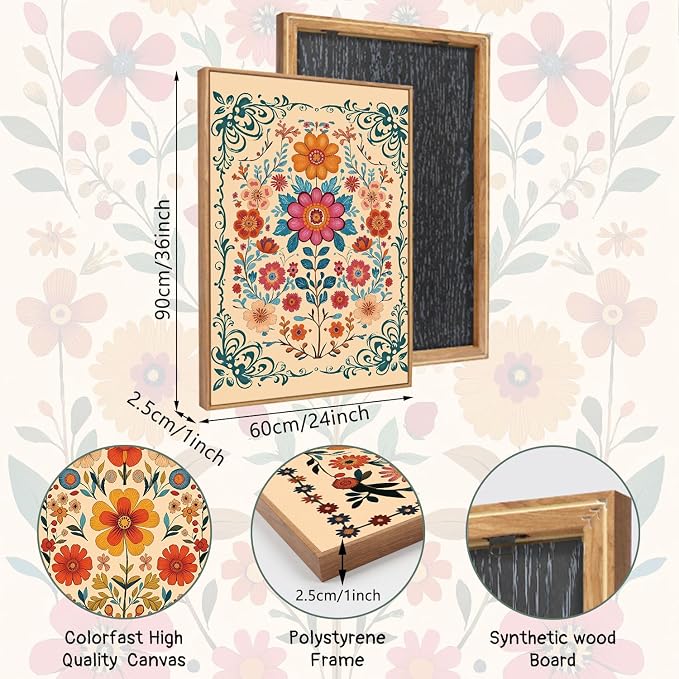 HOURIA 3Pcs Framed Mexican Floral Canvas Wall Art (24"x36"), Abstract Orange Botanical Latin Folk Wall Decor, Vintage Mid Century Modern Tropical Flower Art Print for Office Farmhouse Bedroom