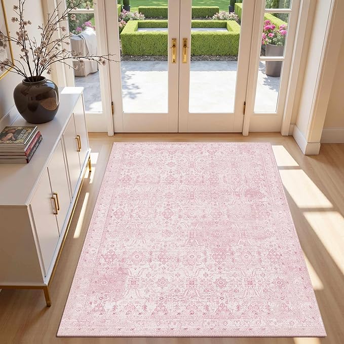 Rugxara 3x5 Rug for Entryway Bedroom, Pink 3x5 Washable Area Rug, Vintage Retro Boho Throw Rug, Non Slip & Low Pile Small Carpet for Indoor Entry, Kitchen, Bedside, Living Room, Bathroom and Dining