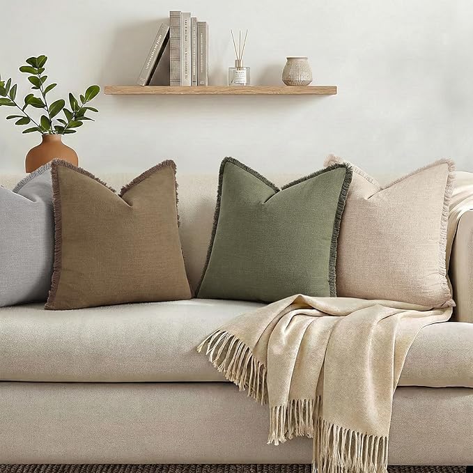 decorUhome Summer Decorative Neutral Linen Fringe Euro Sham Throw Pillow Covers Set of 2 Olive Green Pillow Covers with Tassels Soft Farmhouse Boho Accent Pillow Cases for Couch Bed Sofa 26x26 Inch