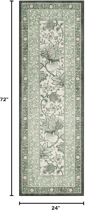 GarveeHome Sage Green 2x6 Washable Kitchen Runner Rugs Non Slip Provence Vintage Boho Cottage Long Rug for Hallways Bedroom Entryway Bathroom Mat with Rubber Back