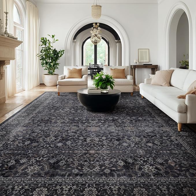 Vintage Dark Large Area Rugs 9x12 for Living Room, Earth Tone Big Room Carpet Rug for Bedroom Dining Room, Washable Carpet Rug with Rubber Backing Low Pile Thin Soft for Family Room, Midnight