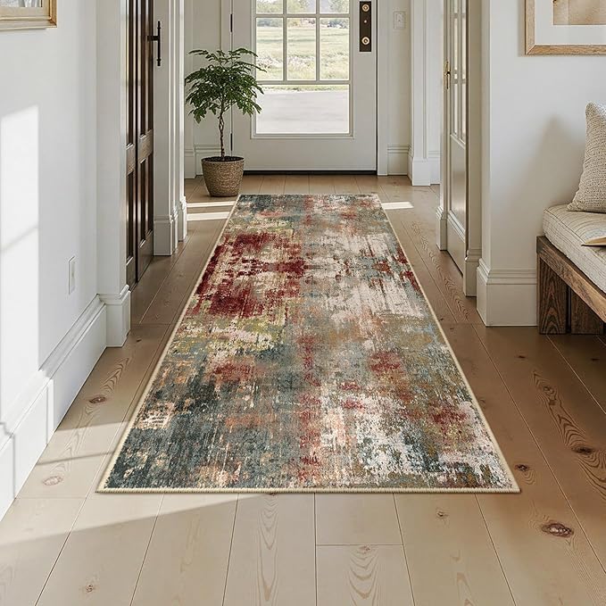 RELEANY Washable Area Rugs 3x8 Non-Slip Modern Abstract Soft for Living Room Entryway Bedroom Nursery, Print Pattern, Brown Rust Red Green Blue Multi
