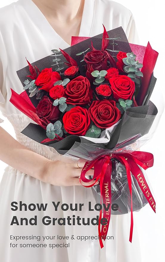Polylove Flowers for Delivery Prime Forever Flowers Bouquet Preserved Roses Bouquet Flower Gift for Women Wife Mother Day Graduation Birthday (Red, Medium)