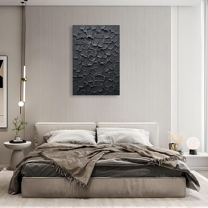 NANKAI Art Hand Painted Pure Black Modern Minimalist Oil Painting 36x24 inch Vertical Thick Texture Wall Art Home Office Corridor Wall Decorative Art