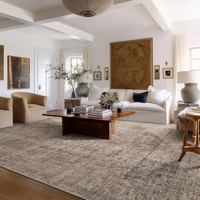 Machine Washable Rugs for Living Room: 10x14 Area Rugs for Bedroom Ultra Soft Non-Slip Low Pile Vintage Distress Boho Large Carpet for High-Traffic Dining Room - Farmhouse Decor